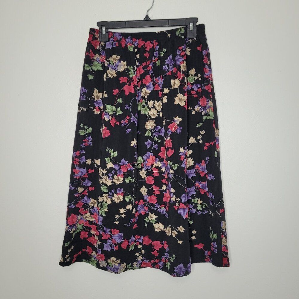 Vintage 90s black purple red floral a line midi dark cottage skirt size medium
